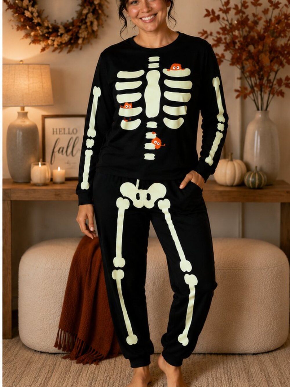 Gymboree Adult Skeleton Glow in Dark Cotton Halloween Pajamas XXL 2PC Costume